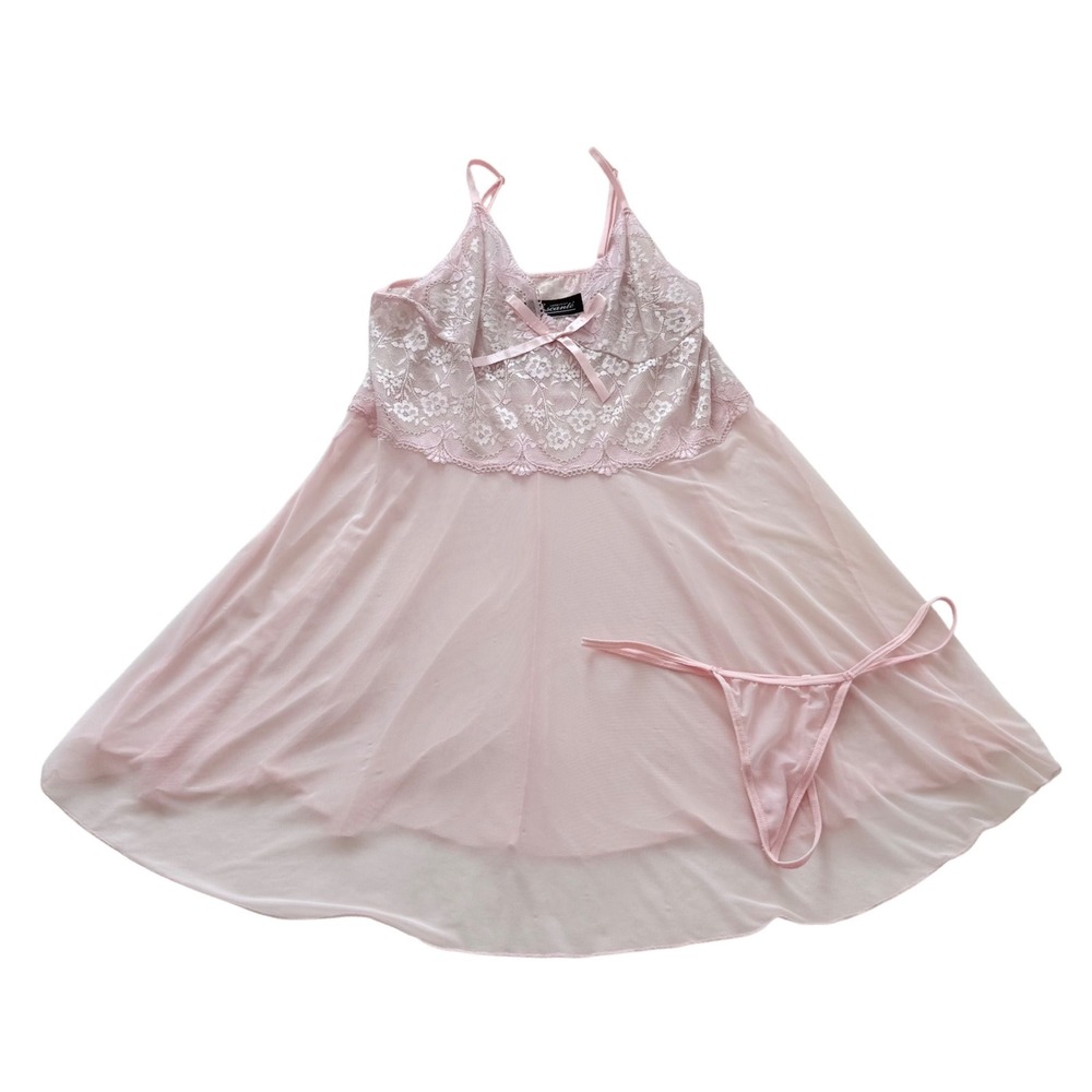 Escante Babydoll Lingerie Set Women XL Pink Excellent Lace Mesh Bow Romantic
